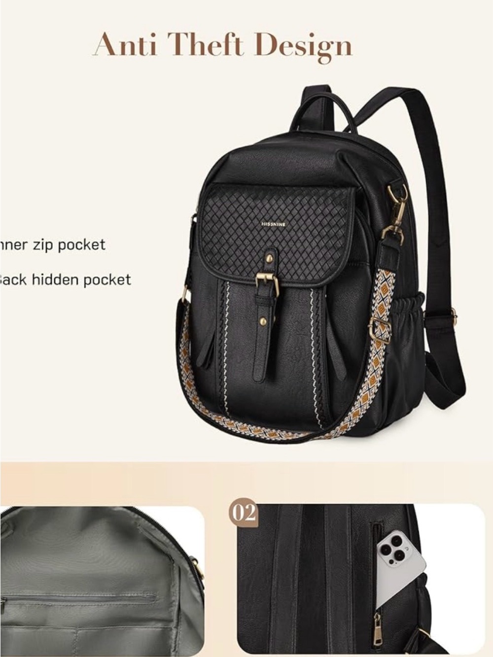 Women's Black Anti-Theft Backpack with Patterned Strap